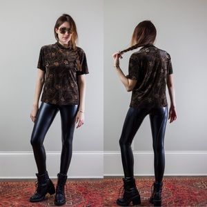 Vintage Velvet Floral Short Sleeve Turtleneck Top